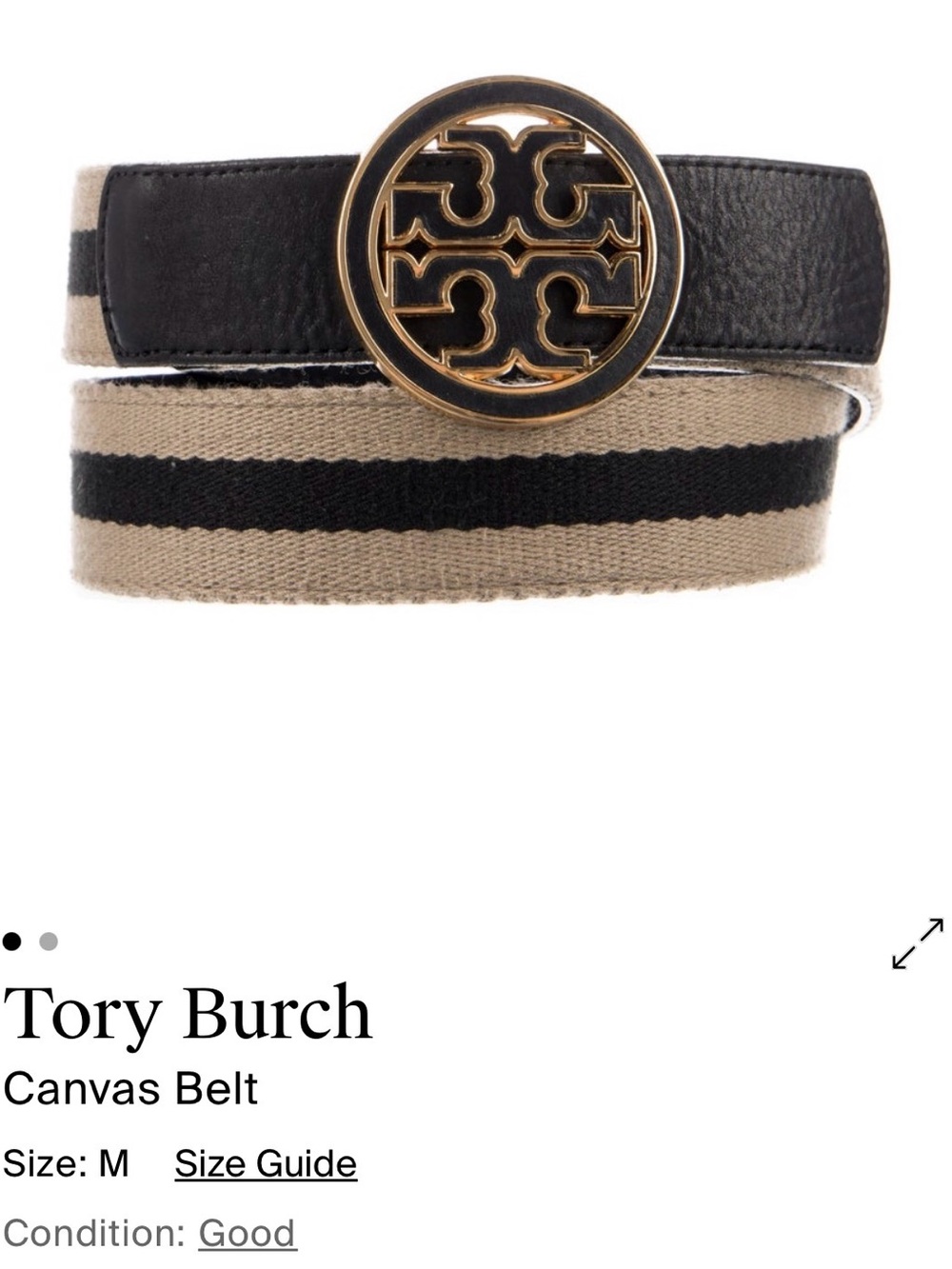 Tory Burch Black and Beige Striped Canvas Belt with Gold Logo Buckle